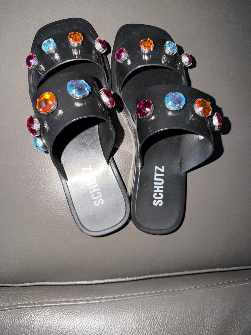 SCHUTZ Black Jeweled Double-Strap Slide Sandals